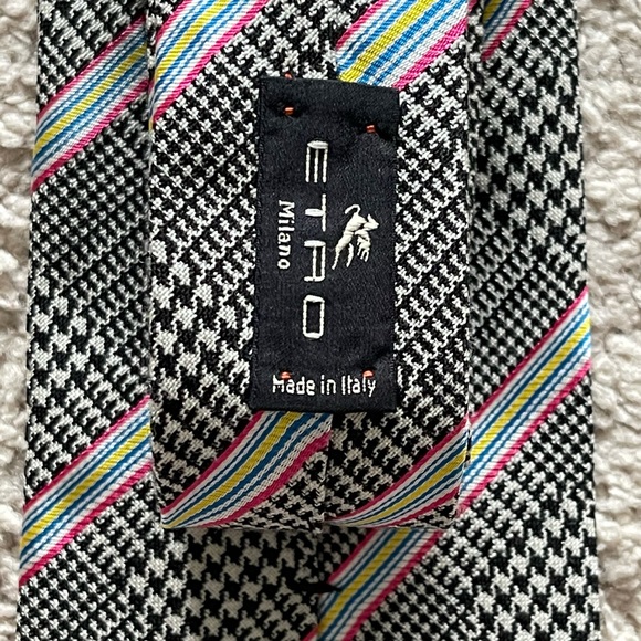 ETRO Tie in Blk/Wht Houndstooth Pink/Blue/Yellow - Picture 3 of 4